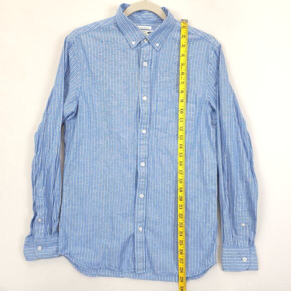 Old Navy Oxford Button Down Shirt Linen Blend Slim Fit Men S Stripe White Blue - Picture 3 of 11